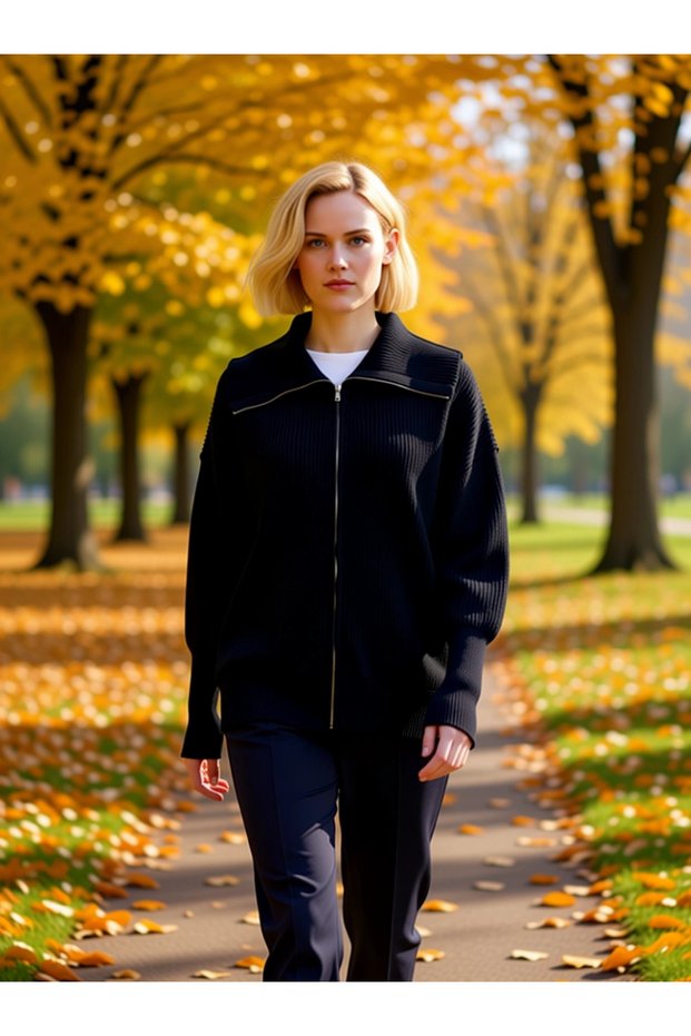 Women's Comfortable Zippered Turn-Down Collar Long Low-Sleeve Thessaloniki Knit Thick Knitwear Cardigan Stylish
