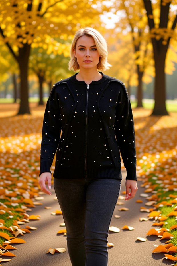Women's Pearl-Embellished Zippered Knitwear Jacket-Look Cardigan, Stylish and Comfortable, Complement to Everyday Outfits