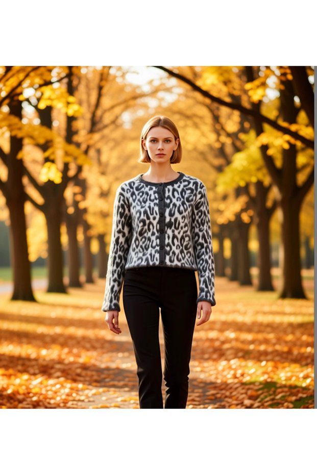 Women's Leopard Print Knitwear Cardigan Offers Everyday Elegance and Features a Long Sleeve Crew Neck Design, Stylish