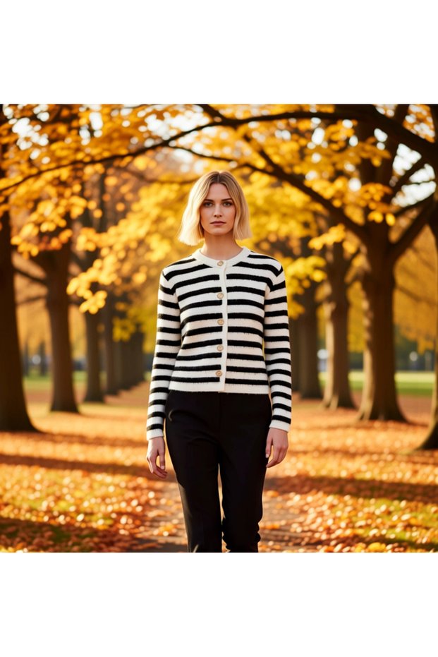 Women's Soft Textured Striped Crew Neck Long Sleeve Button down Regular Fit Knitwear Cardigan Comfortable