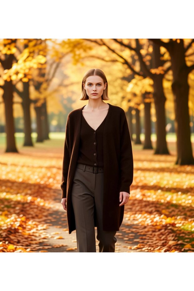 Women's Double V-Neck Wide Fit Long Soft Textured Knitwear Cardigan and Vest Set Relaxed Fit