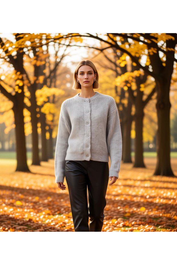 Women's Soft Textured Relaxed Fit Crew Neck Plain Pattern Long Sleeve Knitwear Cardigan Functional