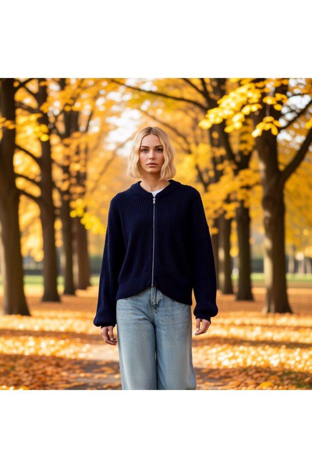 Women's Anthracite Bomber Collar Zippered Knitwear Cardigan Functional Durable Quality Comfortable Stylish