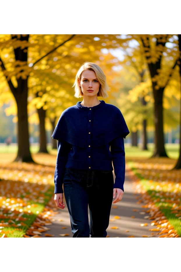Women's Regular Fit Cape Detailed Crew Neck Long Sleeve Cropped Buttoned Knitwear Cardigan Stylish