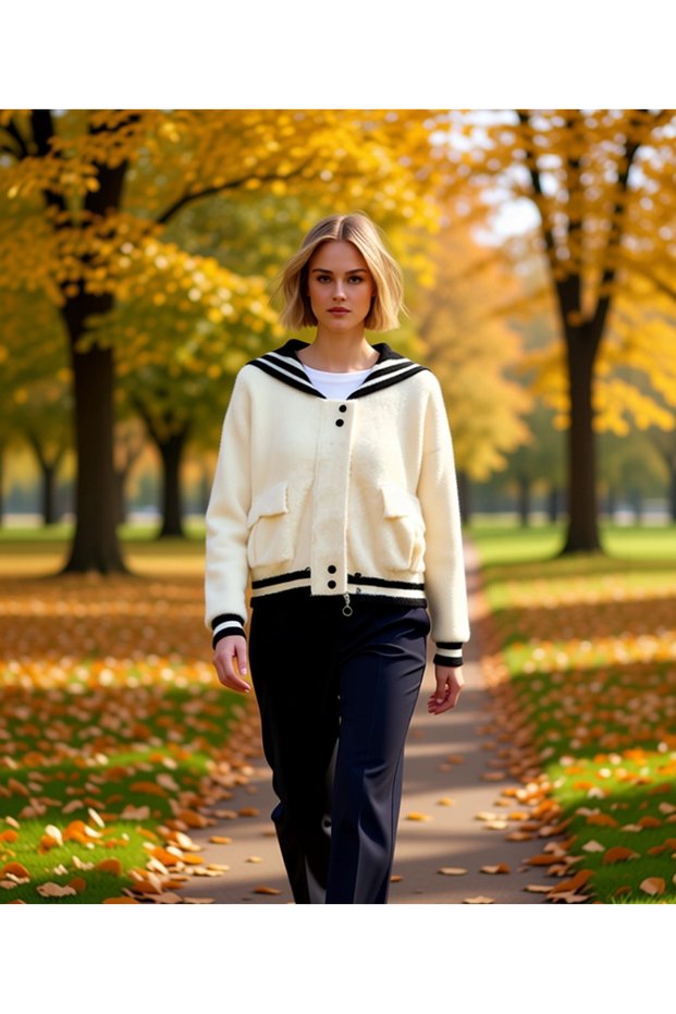 Women's Sailor Collar Striped Detailed Buttoned Wide Fit Plush Textured Bomber Jacket Style Cardigan