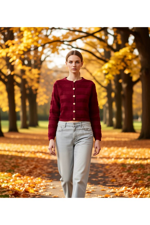 Women's Textured Crew Neck Crop Knit Cardigan Long Sleeve Stylish Buttoned Comfortable Fit Offers Everyday Elegance