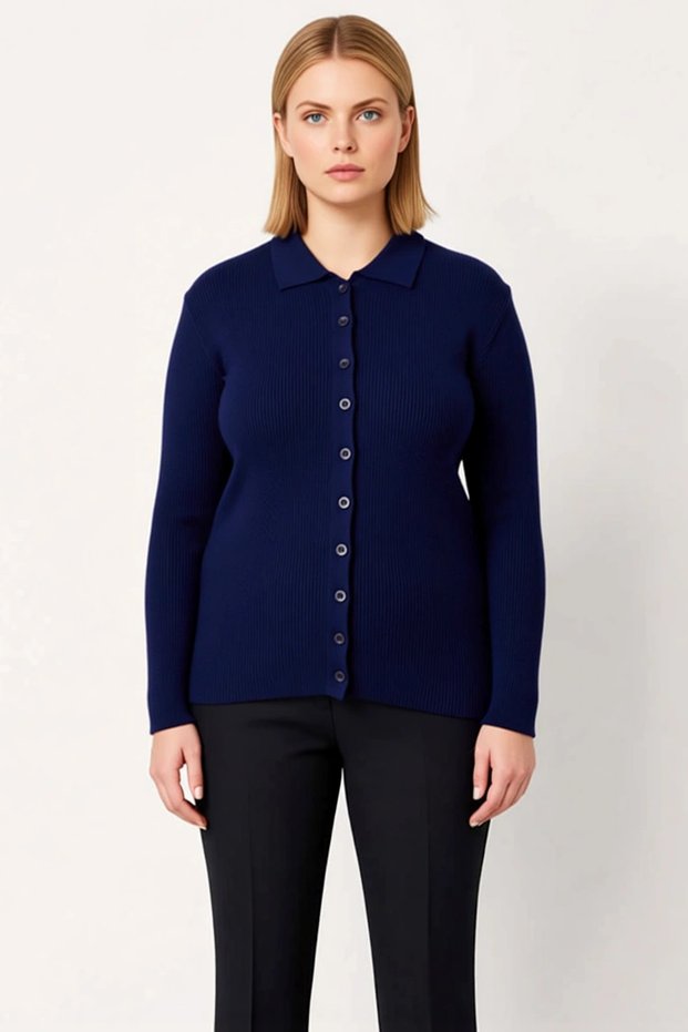Women's Corded Fabric Polo Neck Knitwear Cardigan Long Sleeve Regular Cut Spring Autumn Offering Comfortable