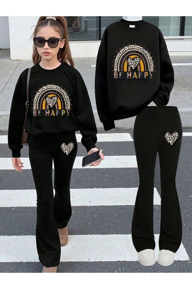 Top Black Bottom Black Be Happy Heart Printed Girls' Top and Bottom Set Spanish Flared Pants