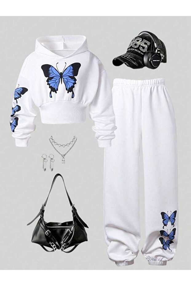 Butterfly Printed Girl's Top and Bottom Set White