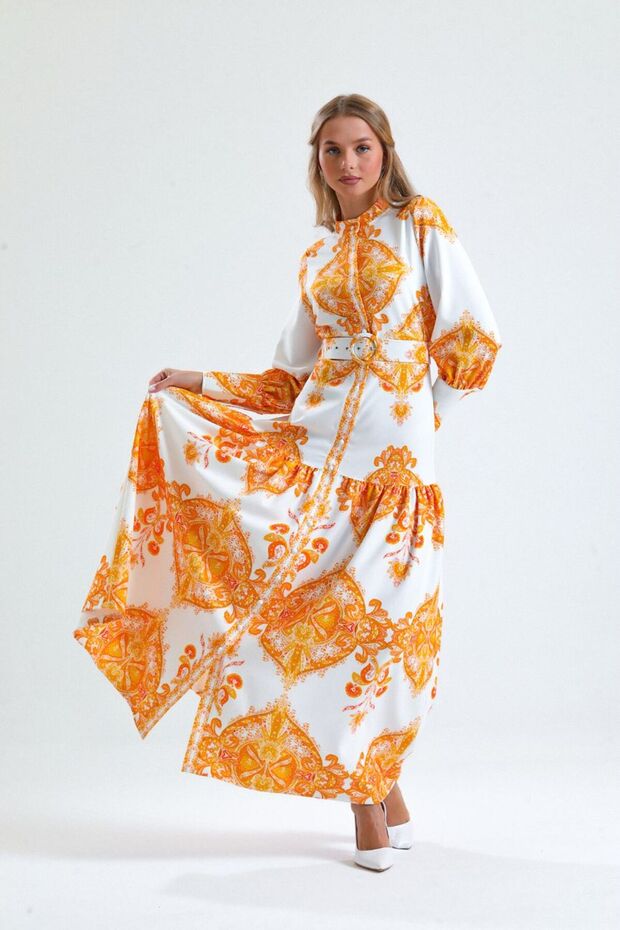 Atlas Fabric Thick Inner-Lined Button Detailed Turtleneck Dress (Belt Included)-Orange-2345