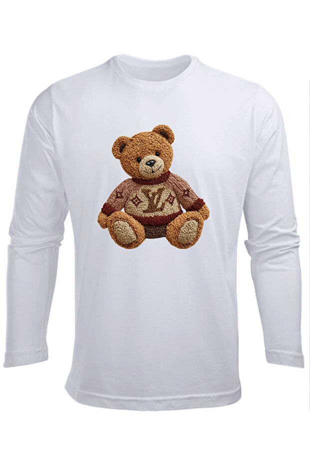 Bear Dressed in a Long-Sleeved Embroidery Look Sweater Printed Cotton Children's T-Shirt