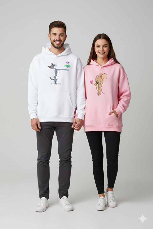 White Pink Couple Lover Combination Tom & Jerry Kiss Printed Crew Neck Sweatshirt