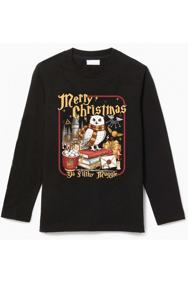 Long-Sleeved Owl Ga Filthy Munggle New Year Christmas Marry Christmas Printed Cotton Children's T-Shirt