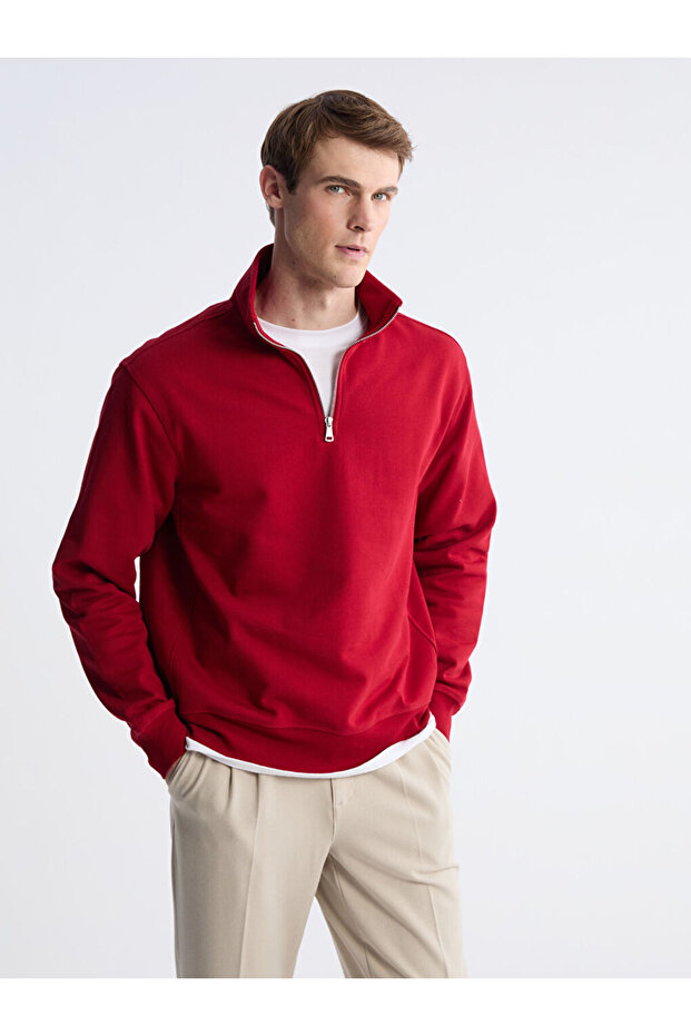 Lcw Vision Red Zippered Mock Neck Men's Thick Sweatshirt