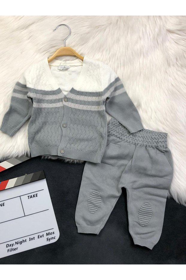 Baby Boy Knitted Detailed - Color Detailed Knitwear Two-Piece Set - 100% Cotton