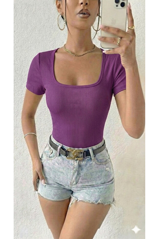 Women's U-Neck Ribbed Knit Fabric Short Sleeve T-Shirt
