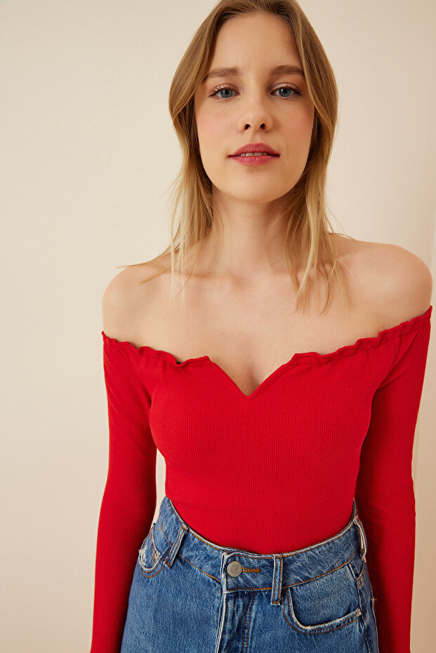 Drawstring Neck Crop Knitted Blouse Lah0002 Red