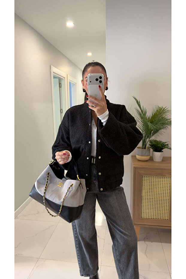 Leyora Siyah Düğmeli Kaşe Ceket - 4