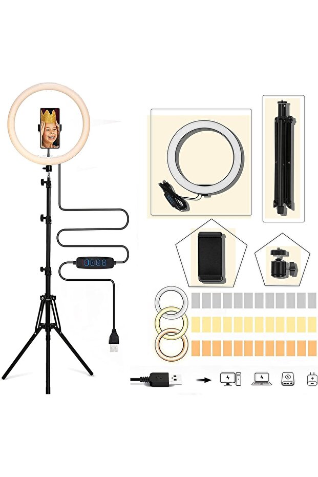 حلقة إضاءة سيلفي مع حامل ثلاثي قابل للتمديد، 3 أوضاع، 10 درجات سطوع (USB)