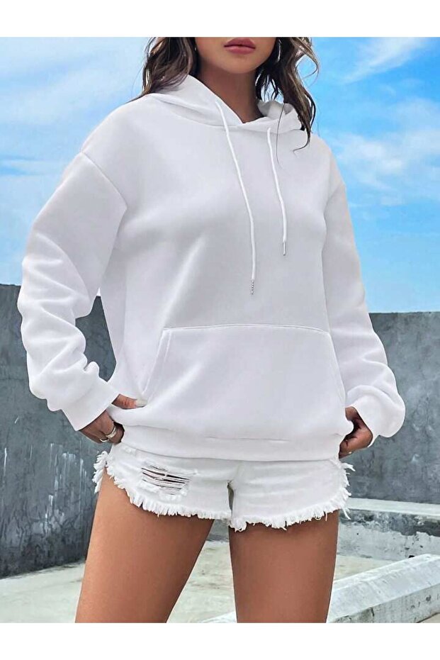 Women's Plain Unprinted Basic Hooded Sweatshi̇rt