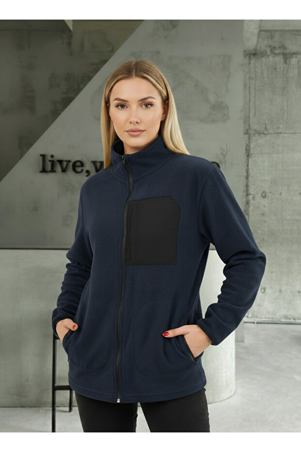 Navy Blue Women's Fleece Jacket with Front Piece Detail and 3 Pockets