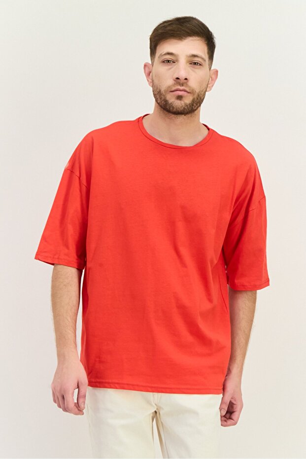 Red Basic 100% Cotton Crew Neck Oversized /Wide Cut Short Sleeve T-Shirt Tmnss22Ts0318