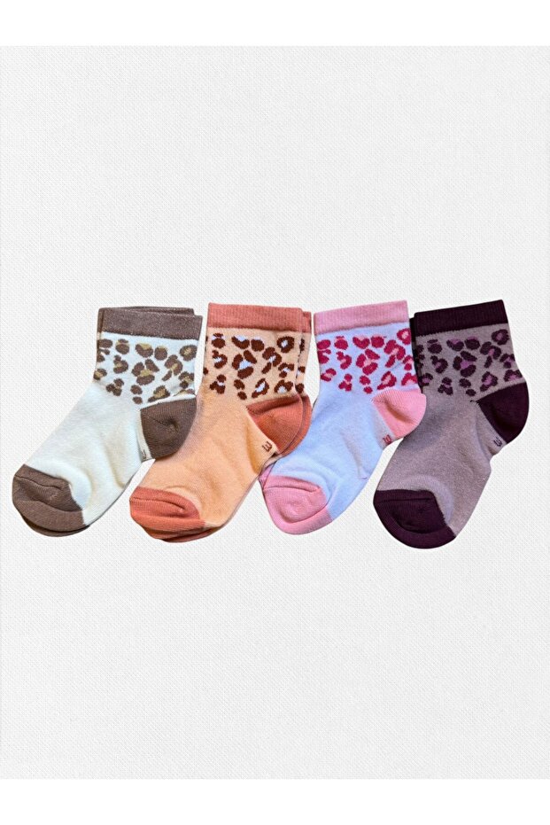 Girl's Winter Socks Cotton Bamboo Fabric 4-Piece White Cream Brown Color Leopard Patterned a Quality