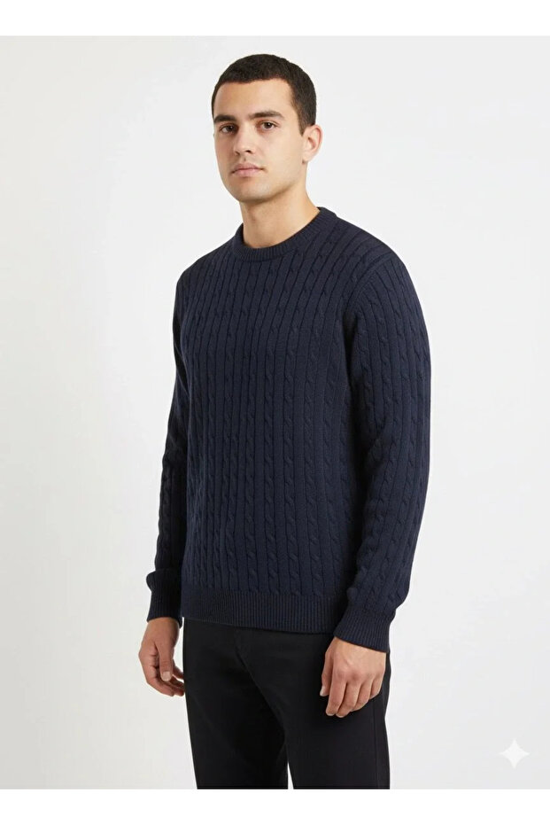 Men's Navy Blue Knitted Patterned Crew Neck Sweater