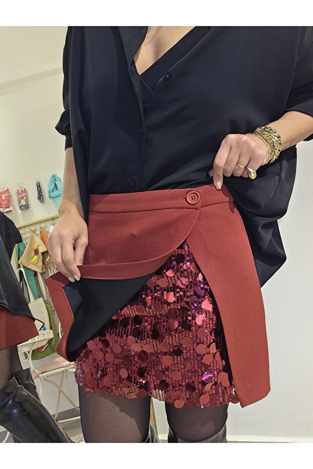 Kadın, Astarlı, Yırtmaçlı, Pullu Payetli Mini Etek - 3