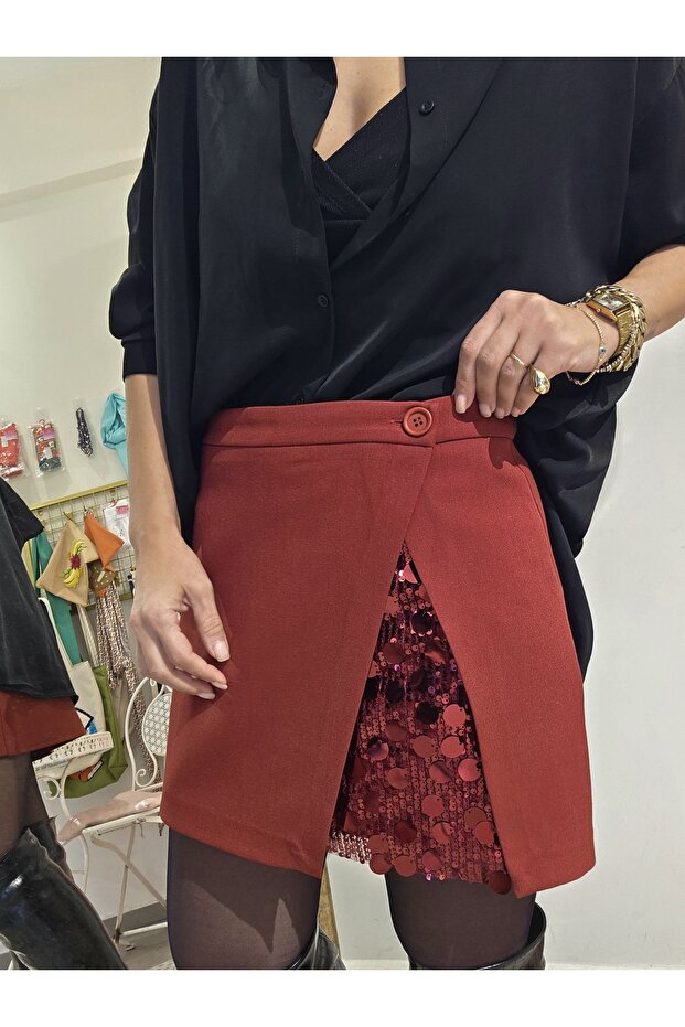 Kadın, Astarlı, Yırtmaçlı, Pullu Payetli Mini Etek - 2