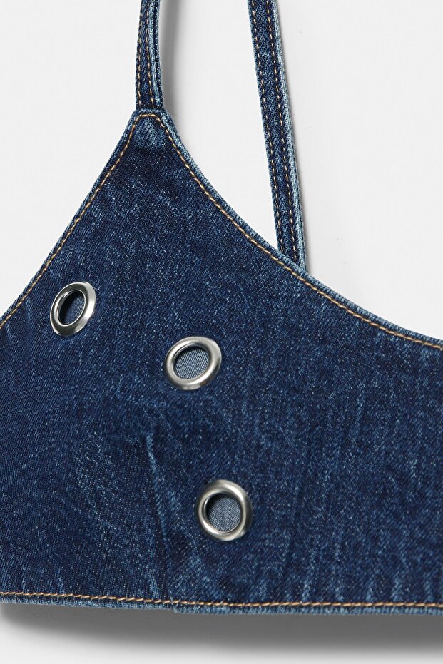 Eyelet detaylı denim top - 4