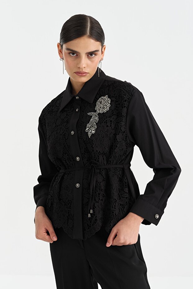 Taş Düğmeli Dantel Ceket Siyah - 1