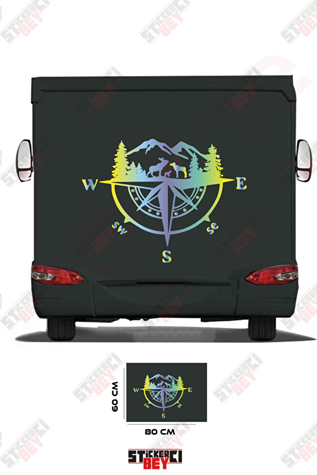 Camper Sticker Coating with Mountain and Compass Image