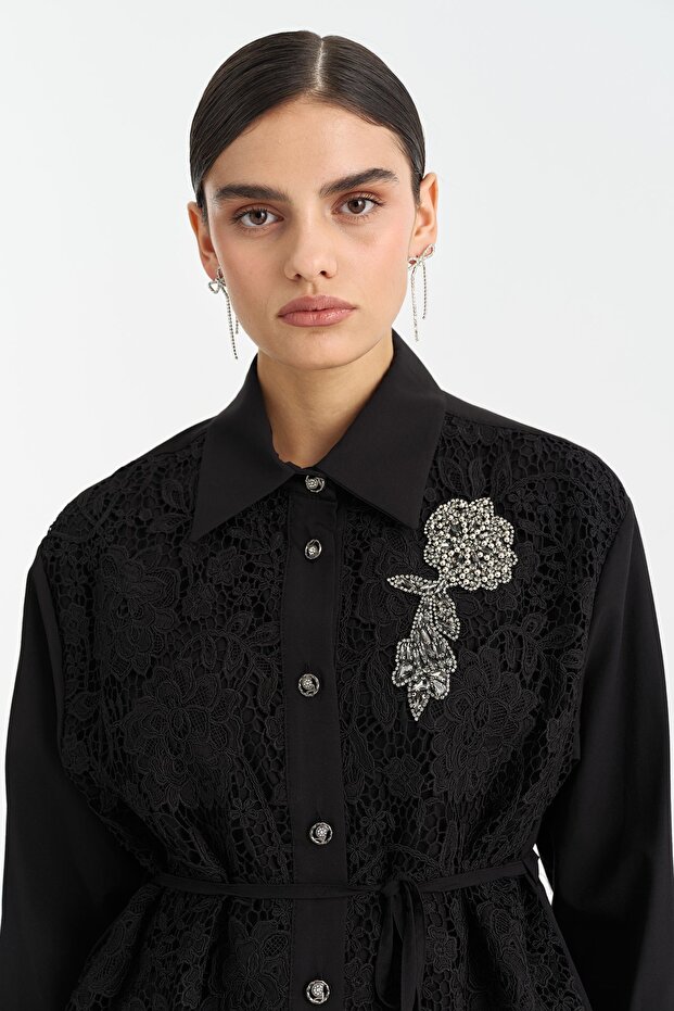Taş Düğmeli Dantel Ceket Siyah - 2