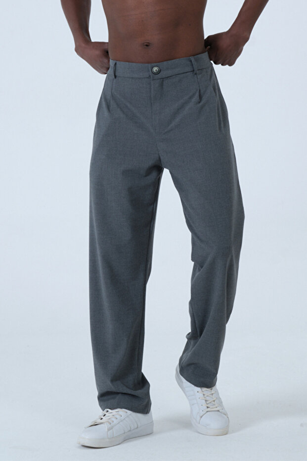 Large Size Loose Long Leg Pleated Men's Trousers Dark Gray