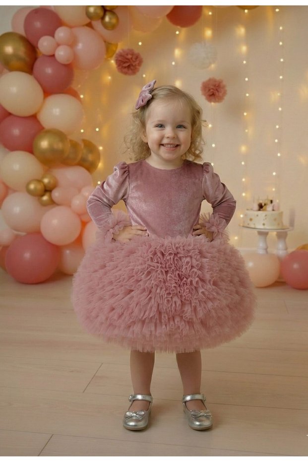 Dusty Rose Six Tutu Skirted Velvet Long Sleeve Baby Girl Dress