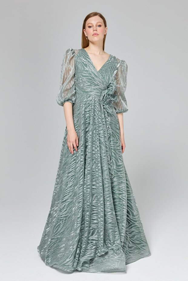 Simli Balon Kol Abiye Mint - 1