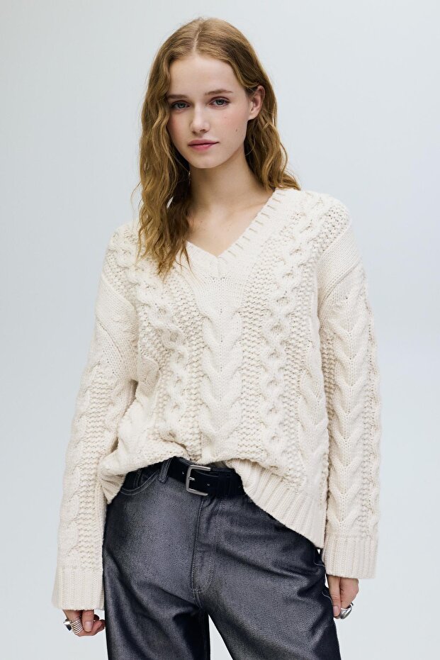 Saç örgülü V yaka kazak - 2