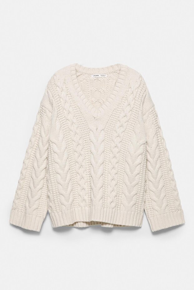 Saç örgülü V yaka kazak - 7