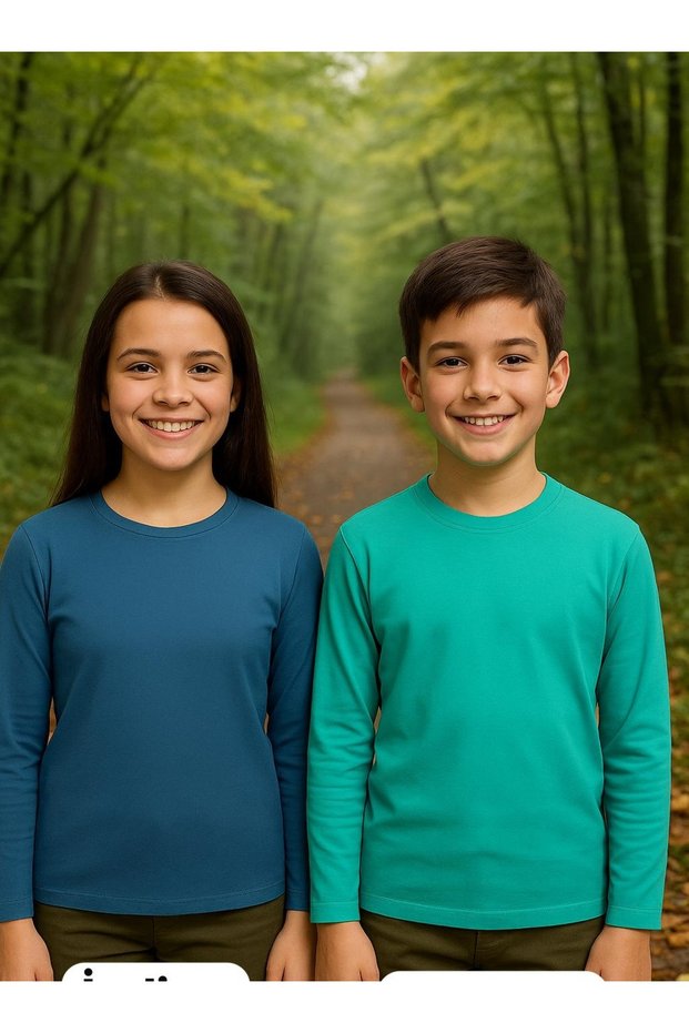 Unisex Girls and Boys Crew Neck Long Sleeve 2-Piece Set Badi T-Shirt Turquoise Indigo
