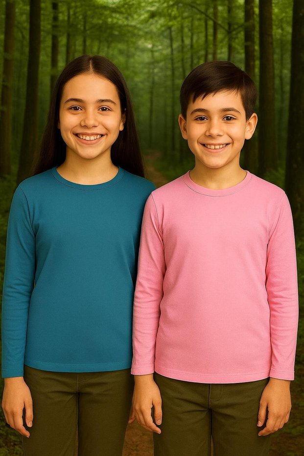 Unisex Girls and Boys Crew Neck Long Sleeve 2-Piece Set Badi T-Shirt Light Pink-Indigo