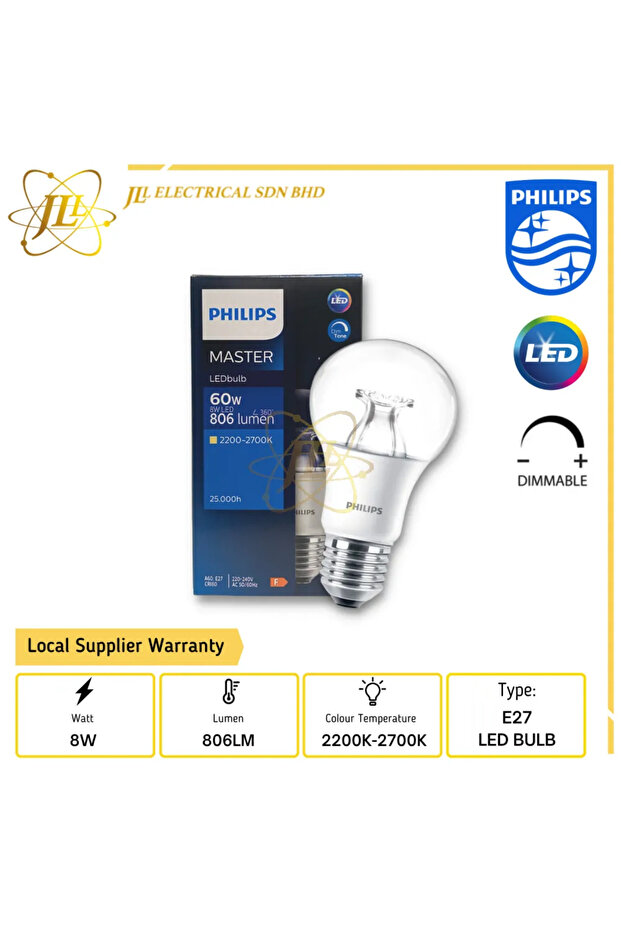 مصباح LED GLS أبيض دافئ قابل للتعتيم من MASTER بقدرة 8 وات 220-240 فولت A60 E27 2200-2700 كلفن