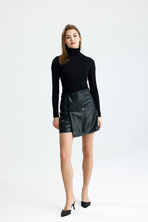 Women's Black Plain Long Sleeve High Neck Viscose Blouse
