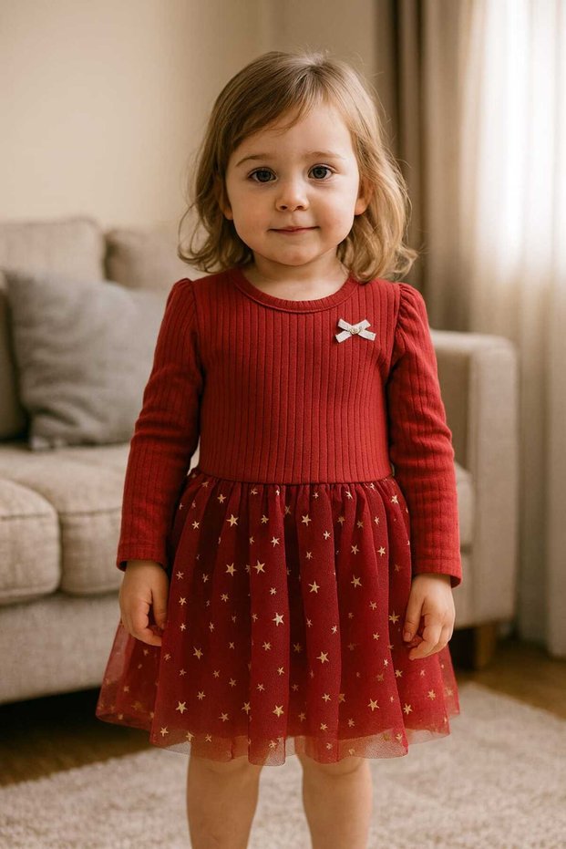 New Year's Birthday Special Day Glitter Star Printed Red Girl's Dress
