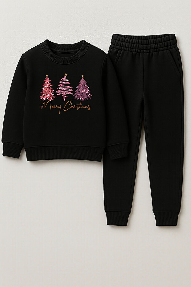 New Year 2026 Santa Claus Christmas Printed Crew Neck Black Children's Tracksuit Bottom Top Set