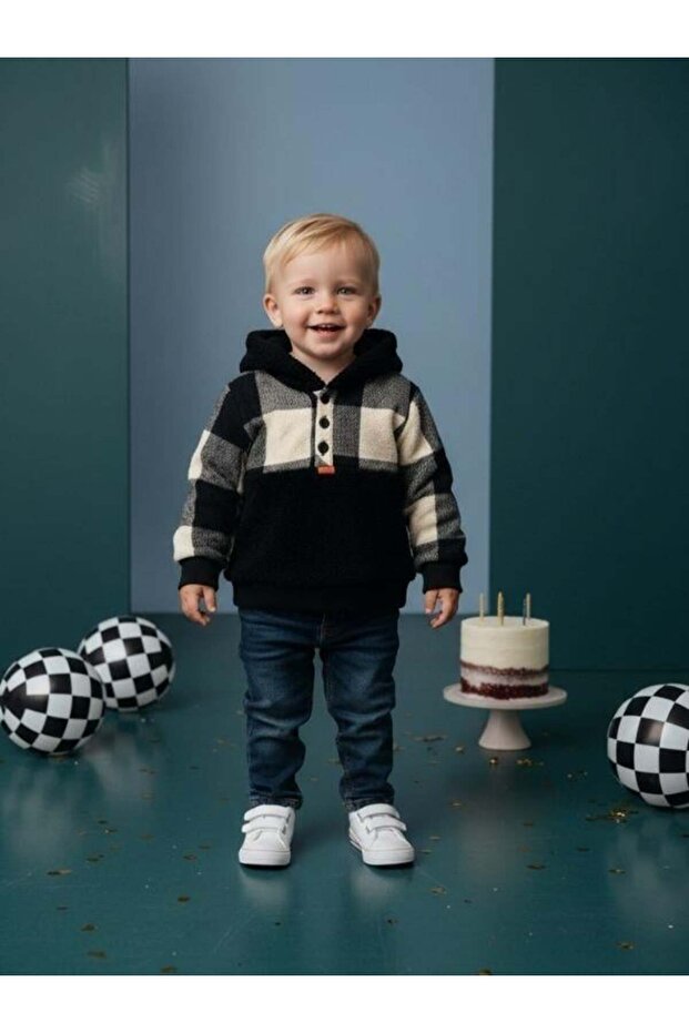 سترة رياضية للأولاد مطبوع من القطيفة ذات نمط منقوش بأزرار - 1