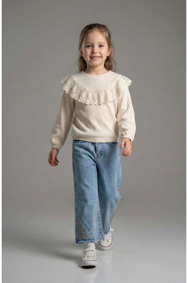 Girl's Lace Detailed Sweatshirt Floral Embroidered Jeans Set