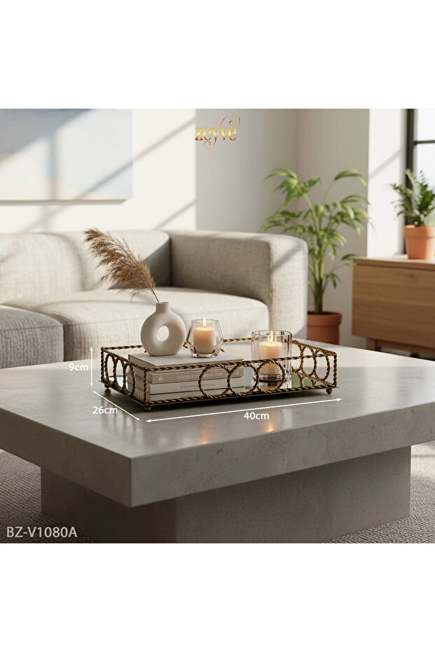 صينية ديكور أنيقة على شكل حلقة حلزونية مستطيلة الشكل مع مرآة، مقاس 40×26×9 سم - 2