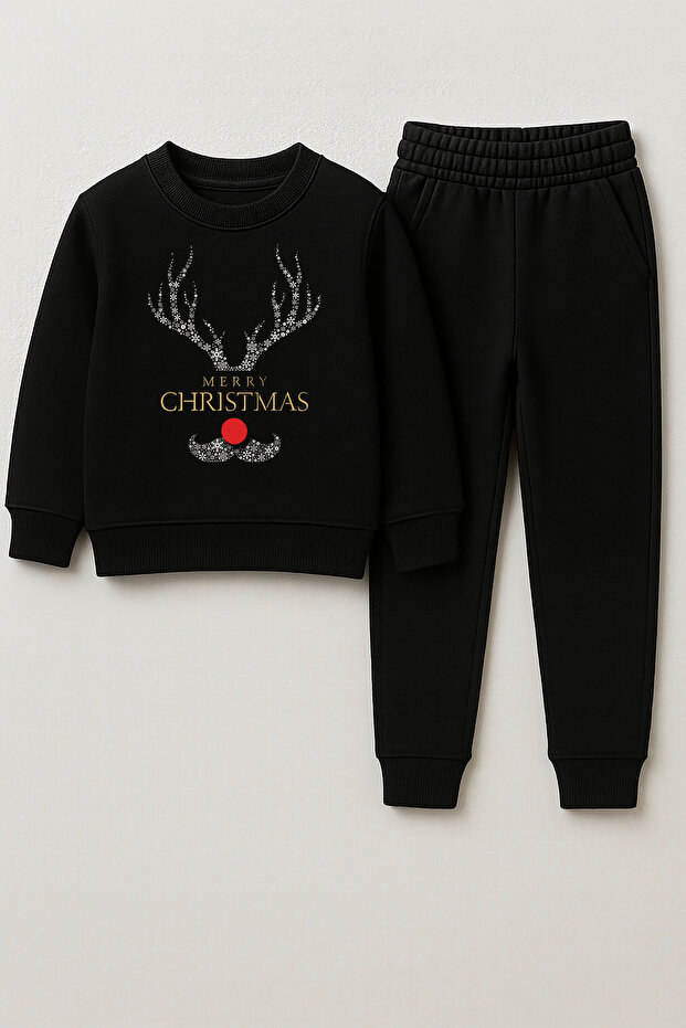 New Year 2026 Santa Claus Christmas Printed Crew Neck Black Children's Tracksuit Bottom Top Set