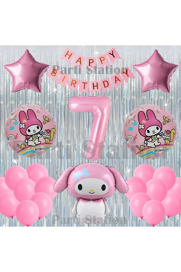 Kuromi My Melody Concept 7Th Birthday Balloon Set with Curtain and Pink Number Balloons